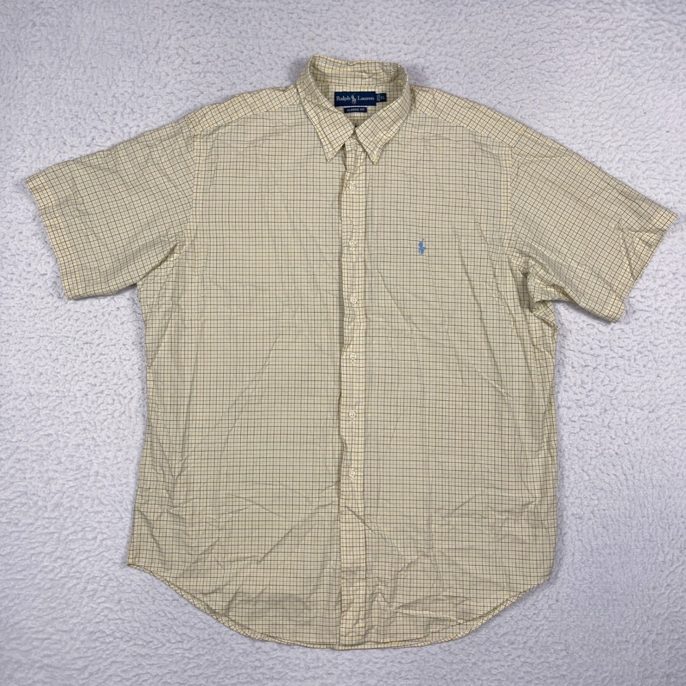 Ralph Lauren Button Down Shirt Mens XL Yellow Check Classic Short Sleeve Pony